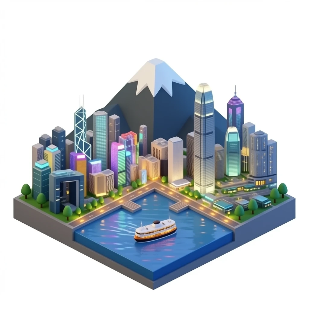 3D isometric miniature emoji of Hong Kong skyline with Victoria Peak view, dense skyscrapers, Victoria Harbour, Star Ferry, cute chibi style, rounded shapes, glossy vibrant colors, neon lights, dense buildings, soft lighting, tiny diorama, minimal background emoji