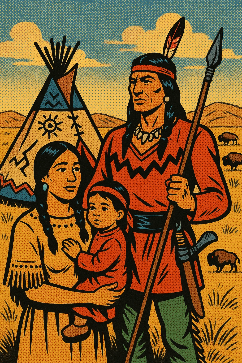 A native American family including a mother and young child, with a father who is a warrior. They are standing near a tepee decorated in native american symbols, there are buffalo in the distance. They are on the dry grasslands of the great plains in the 1840s emoji