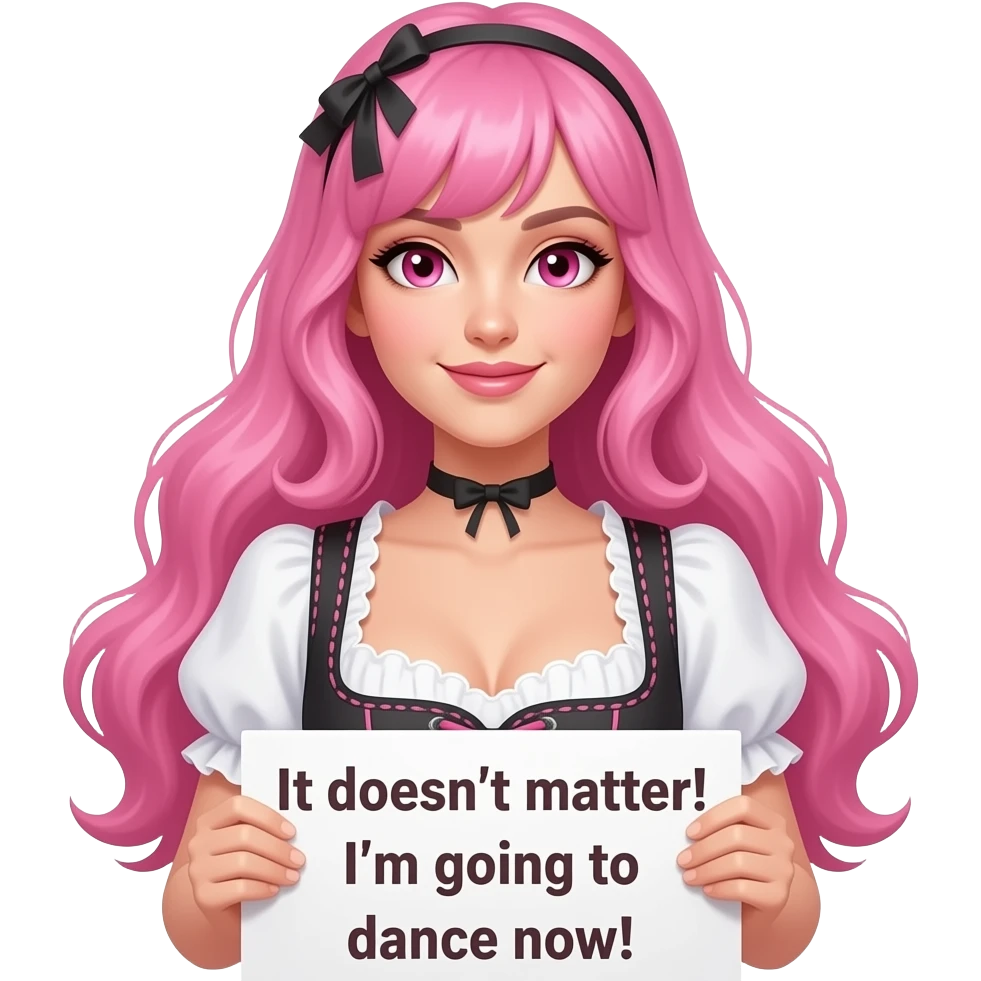 sexy girl with long pink hair and pink eyes wearing a dirndl holding a MIR DOCH EGAL! ICH GEHE JETZT TANZEN! sign emoji