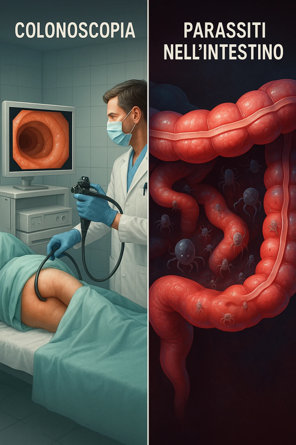 A split-screen medical illustration in cinematic style: on the left side, a doctor performing a colonoscopy on a patient in a sterile clinic, with the endoscopic camera displaying clean, healthy mucosal surfaces on a screen. On the right side, a symbolic cross-section of the same intestine — but shown in deeper layers beneath the surface, where parasitic organisms (small, translucent or shadowy figures) hide between folds and tissues not visible via standard scope. The contrast is clear: what is seen vs. what remains hidden. Lighting on the left is bright, sterile, clinical; lighting on the right is darker, with red and blue tones to suggest inflammation and invasion. Shot in hyper-realistic 3D medical style, educational but emotionally charged IN ITALIANO emoji