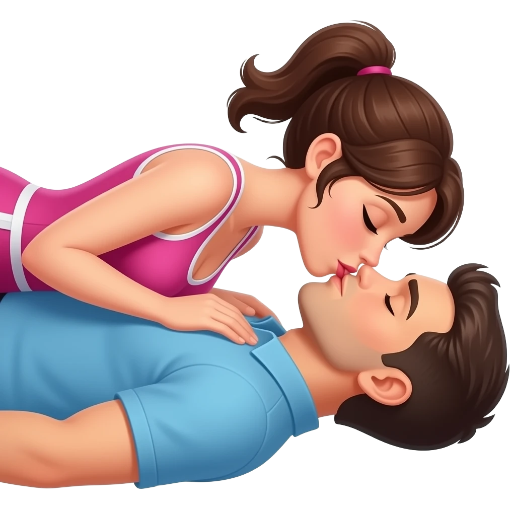 Woman on top of man laying down kissing emoji