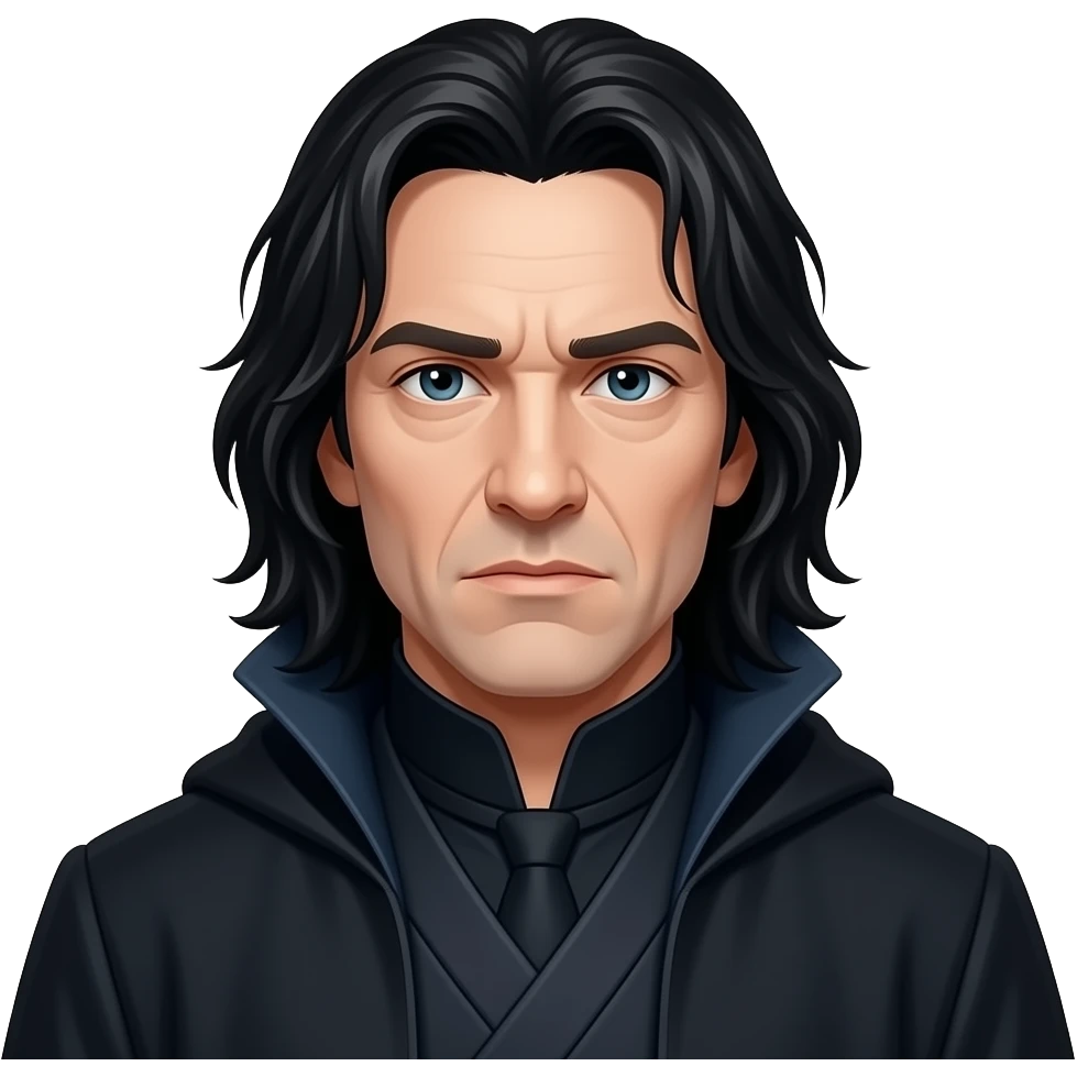 Severus Snape emoji, Apple style, clean 3D, soft gradients, adult man, pale skin, long black hair, hooked nose, dark robes, serious expression, minimal icon, centered, white background, high detail emoji