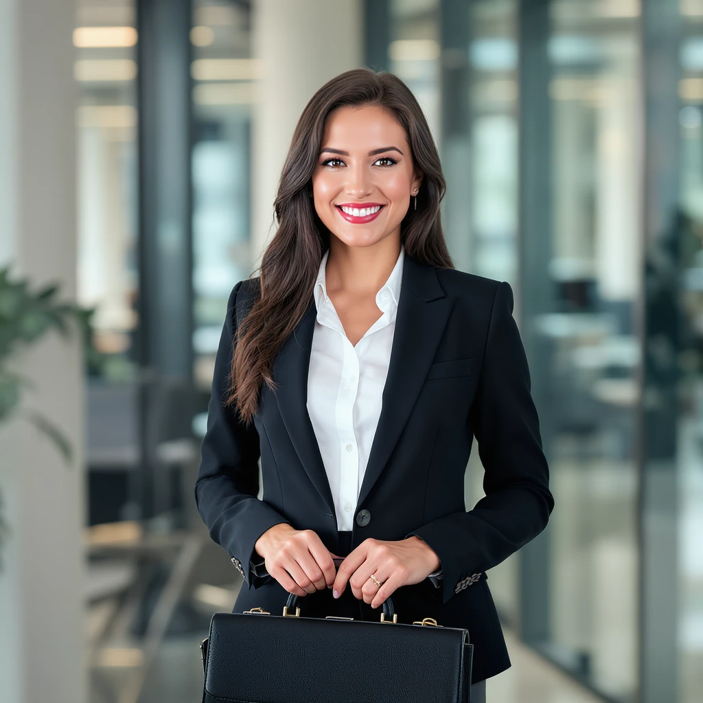 female professional in a suit, holding a briefcase, smiling, office setting emoji