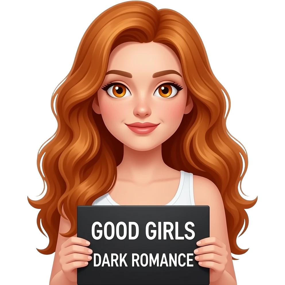 sexy girl with long wavy ginger hair and ginger eyes wearing a white tanktop is holding a black colored sign with GOOD GIRLS read DARK ROMANCE written on it emoji