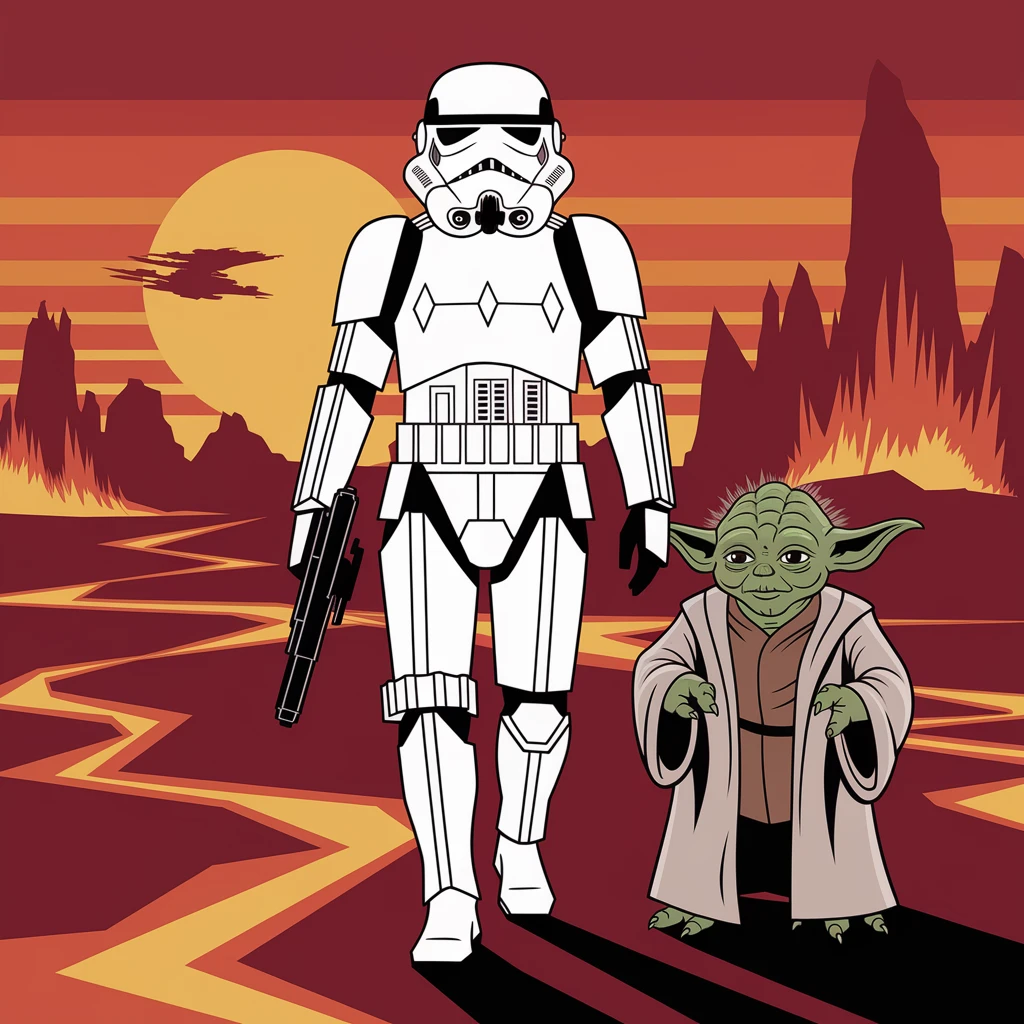 vector art of a Starwars stormtroopers is walking on lava planet with yoda, battleground background 
 emoji