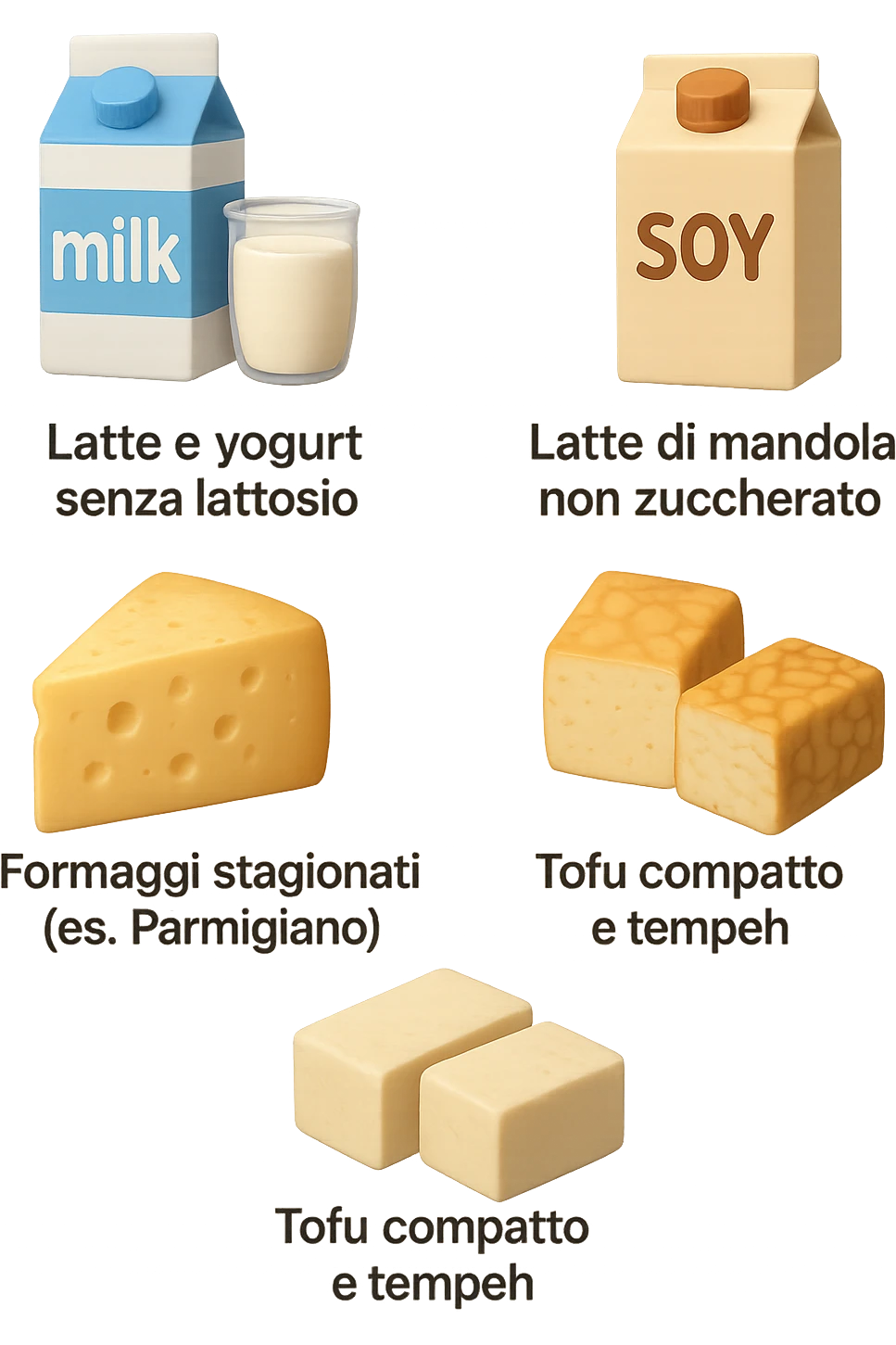 emoji stile iphone 3d di questi elementi che fluttuano in aria:

Latte e yogurt delattosati
Latte di mandorla (non zuccherato)
Latte di soia da proteine isolate
Formaggi stagionati (es. parmigiano)
Tofu compatto e tempeh
 che fluttuano in aria,  le etichette scrivile in italiano, iperealistico 4k emoji
