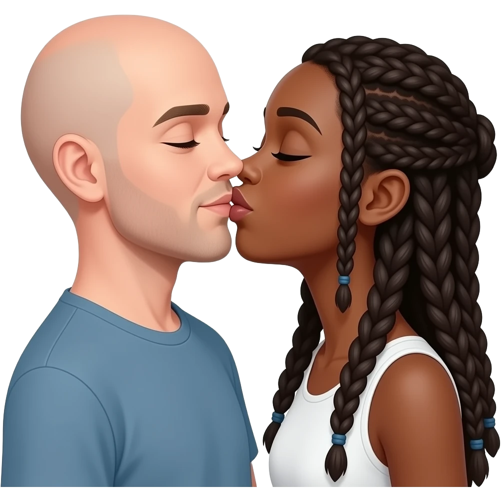 Black woman with long braids kissing white partially bald man emoji