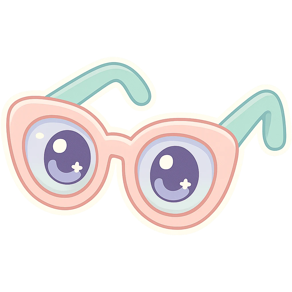 Make these vintage sunglasses kawaii style with cute eyes and pastel accents, keeping it adorable and fun, with no background. emoji