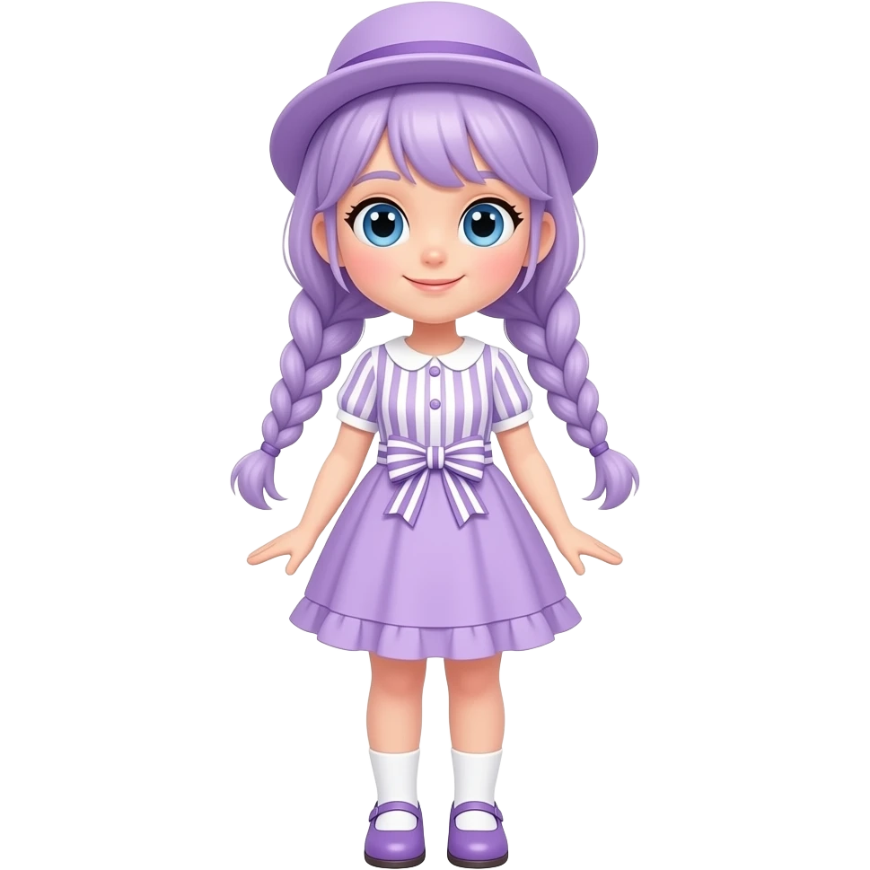 A girl with pale purple hair tied in braids and blue eyes, wearing a pale purple dress with white striped short sleeves and skirt, a pale purple frill, and a pale purple and white striped waist bow, pale purple shoes with white socks, and a pale purple hat. emoji