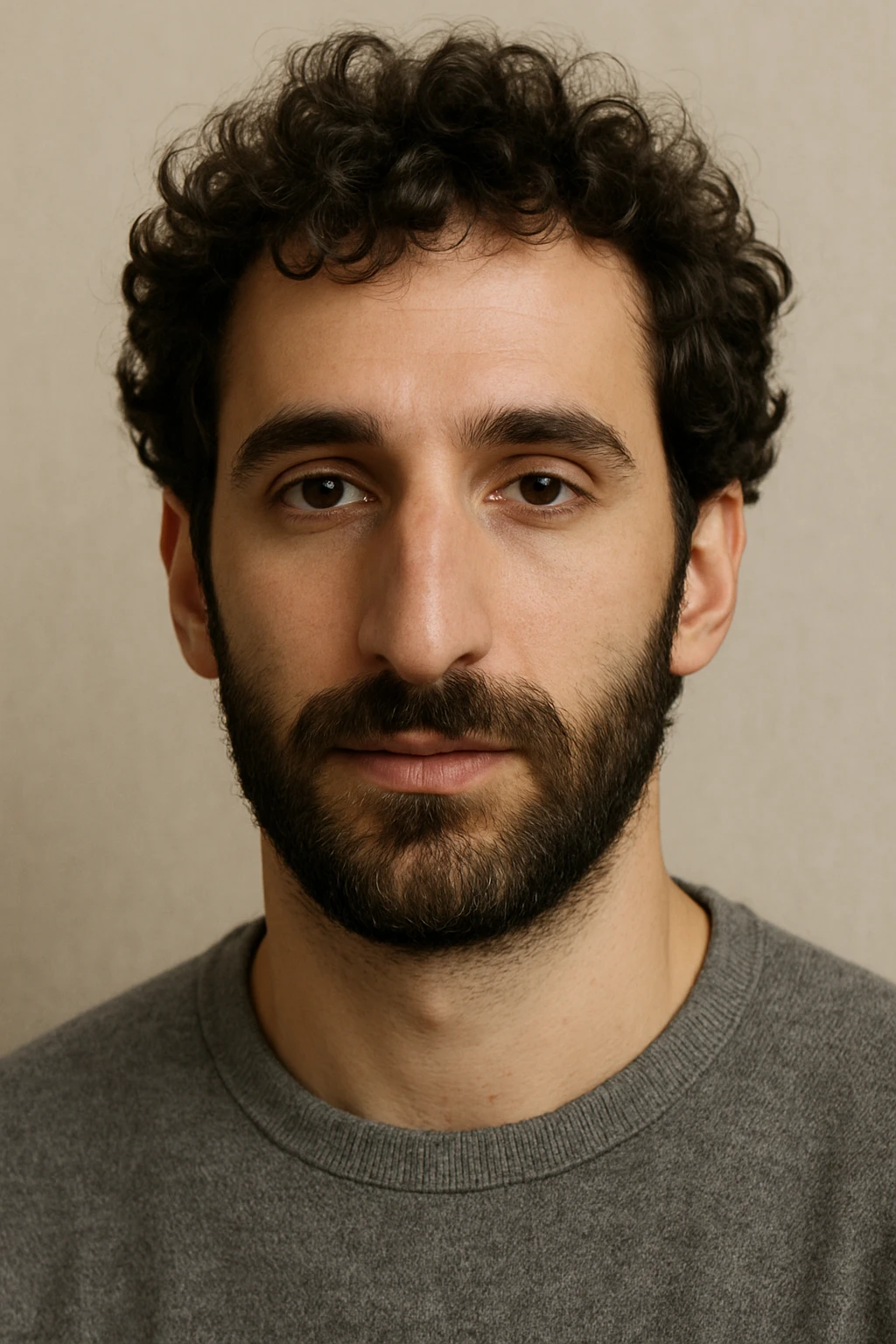 portrait of a white male with curly dark brown hair, beard, large nose, attractive emoji