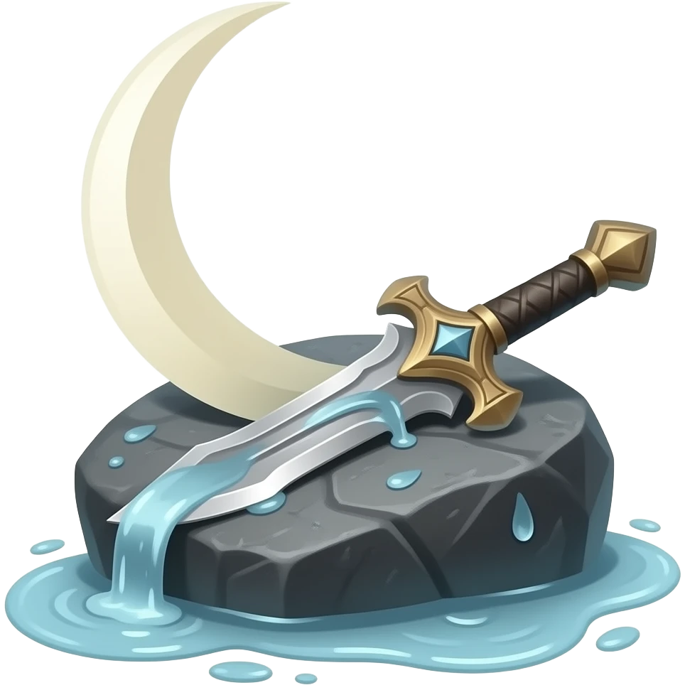 a fallen moon‑crescent blade, its engraved metal gleaming faintly on rain‑drenched stone, stormwater running along its curve, silver light pooling around it like a quiet omen emoji