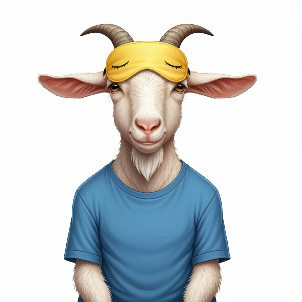 a goat with yellow sleep mask and wearing shirt, front view,  Frontal Top-Down Soft Light, white background, portrait, casual cartoon stylized emoji