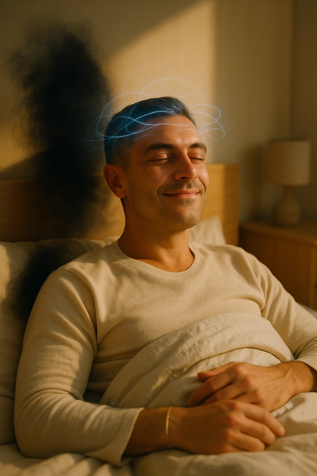 A cinematic image of a man in his mid-30s lying in bed, just waking up from deep sleep. His expression is calm and visibly transformed — a sense of inner peace, relief and subtle joy on his face. Soft morning light enters the room, casting gentle golden tones over his features. His eyes sono ancora semi chiusi, ma il viso è disteso, come se un grande peso fosse stato rilasciato durante la notte. Accanto a lui, simbolicamente sfocato, un’ombra o un alone scuro si dissolve, rappresentando il malessere notturno superato. Intorno alla sua testa, leggere onde di luce azzurra o bianca simboleggiano l’attività cerebrale rigenerativa della fase REM. La camera è ordinata, minimalista, con materiali naturali. L’atmosfera è serena, rigenerativa, intima. Shot in 35mm film style, high realism, shallow depth of field, warm highlights and clean shadows. emoji