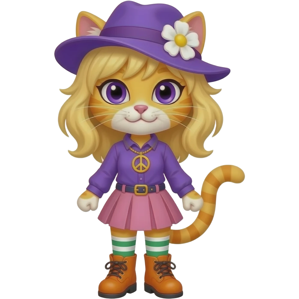 Yellow cat anthro with purple eyes blonde hair purple hat with white flower peace sign necklace  purple long sleeved shirt pink skirt  long red white green  socks orange boots with yellow buckles emoji