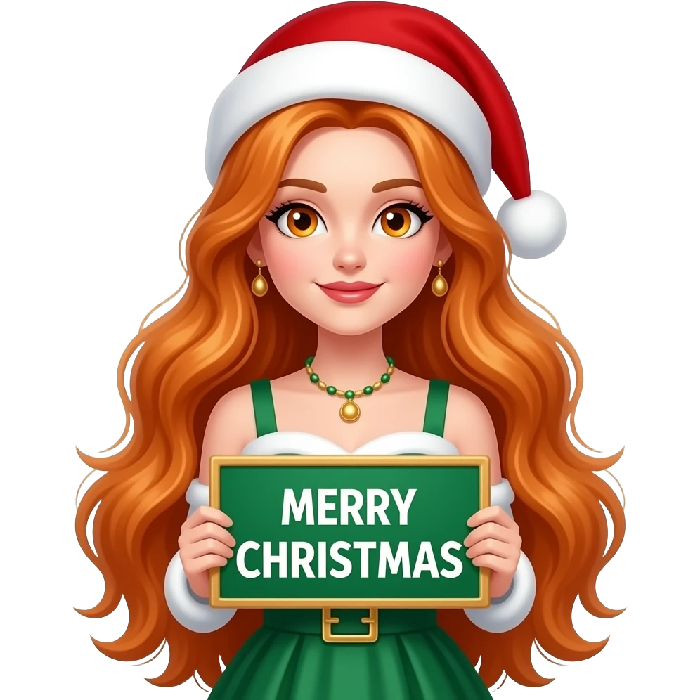 sexy girl with overlong ginger hair and ginger eyes wearing a christmas dress holding a MERRY CHRISTMAS sign emoji