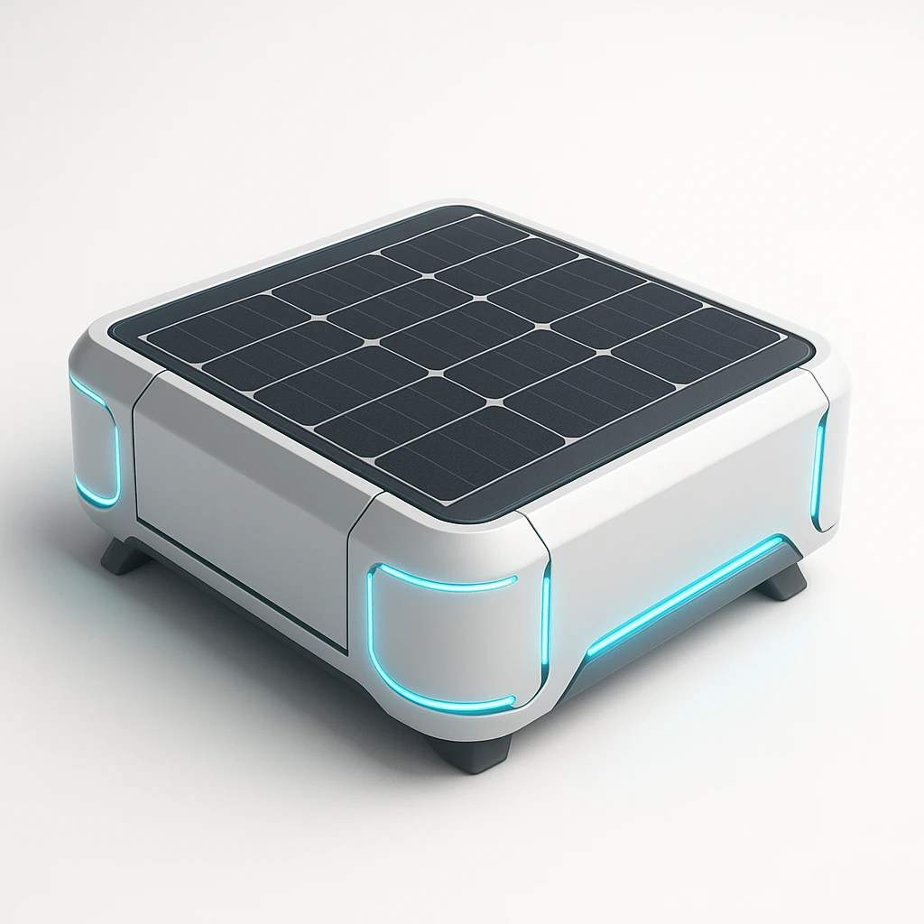 solar powered module, futuristic style, glowing blue accents, sleek and minimal, solar cells visible, on a white background emoji