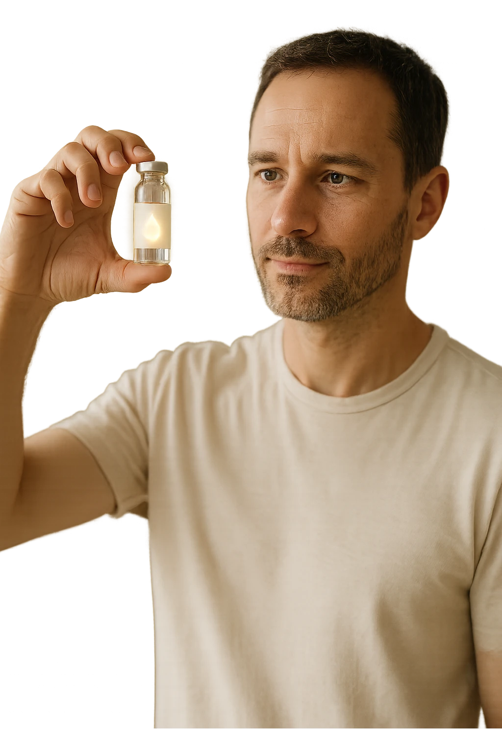 A realistic, high-quality cinematic photo of a health-conscious man in his late 30s holding a small clear glass vial filled with structured, informatized water used in kinesiological treatments. The man is standing in a bright, clean holistic therapy studio with wooden furniture and plants, looking at the vial with a focused, hopeful expression. The vial has a minimalist label with a water droplet symbol, glowing softly to symbolize its informational energy properties. The atmosphere is calm, professional, and filled with natural light, conveying the holistic, gentle yet advanced nature of kinesiological practices emoji