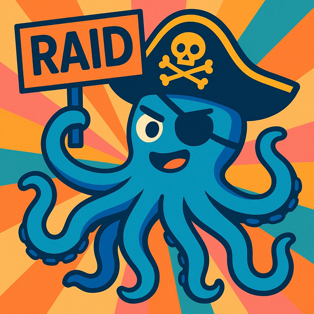 a blue octopus pirate holding a RAID sign, vibrant, modern illustration style, colorful and dynamic emoji