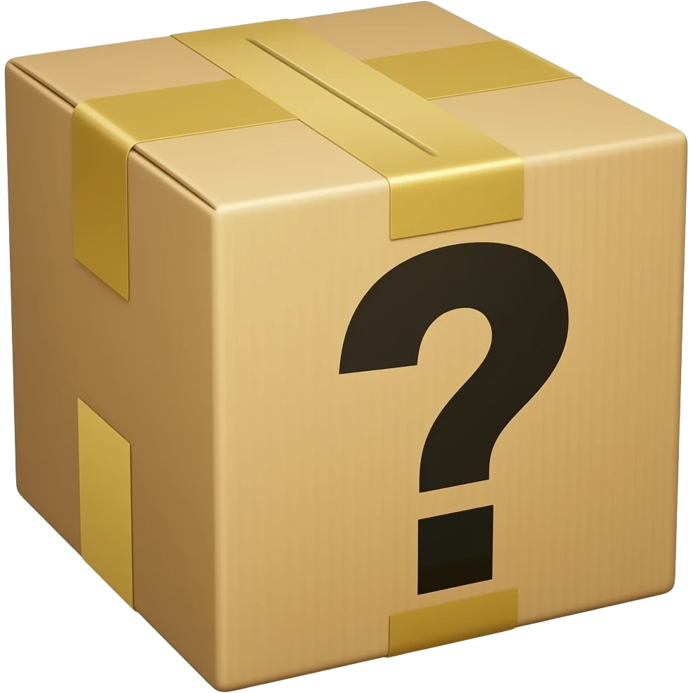 Taped cardboard box with "?" emoji