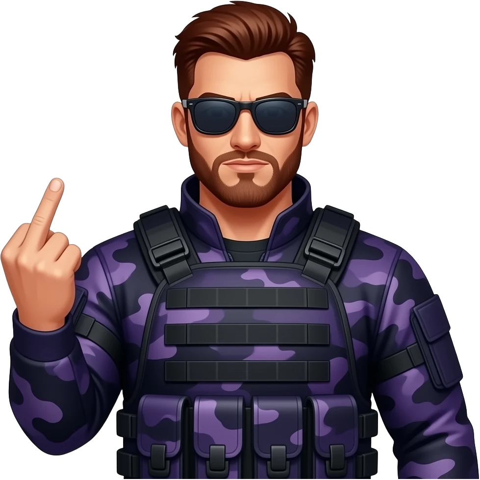 Man with dark reddish brown hair a five o clock shadow beard sunglasses and dark purple camoflage tactical gear giving the finger emoji