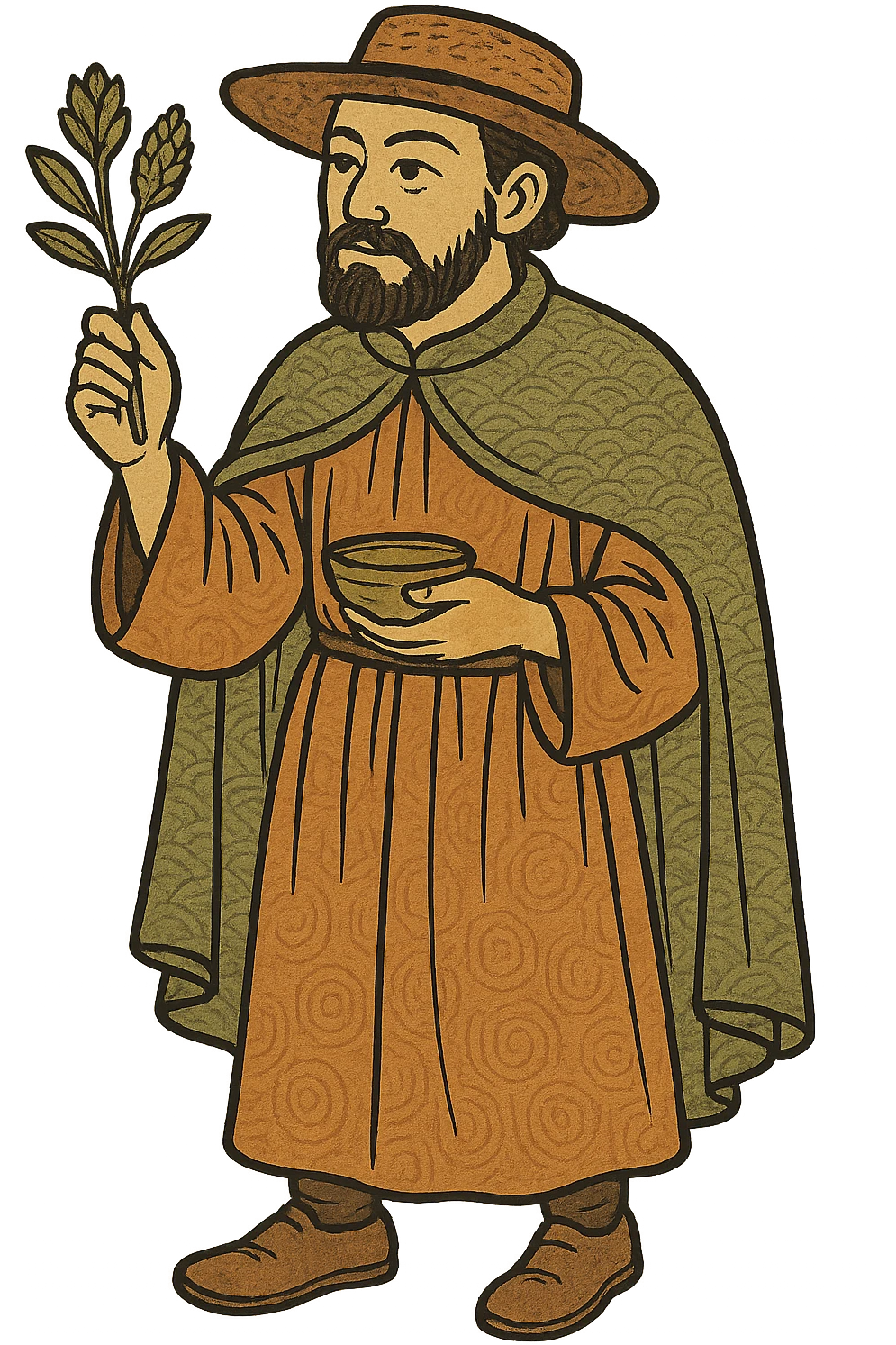 A full body medieval male doctor holding a herbal remedy remove the mask emoji