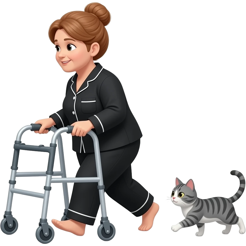 Tiny emoji, Middle aged, a little heavy set, d, light auburn hair in a bun, woman in  black pajamas using walker chasing behind a grey and white tabby cat emoji