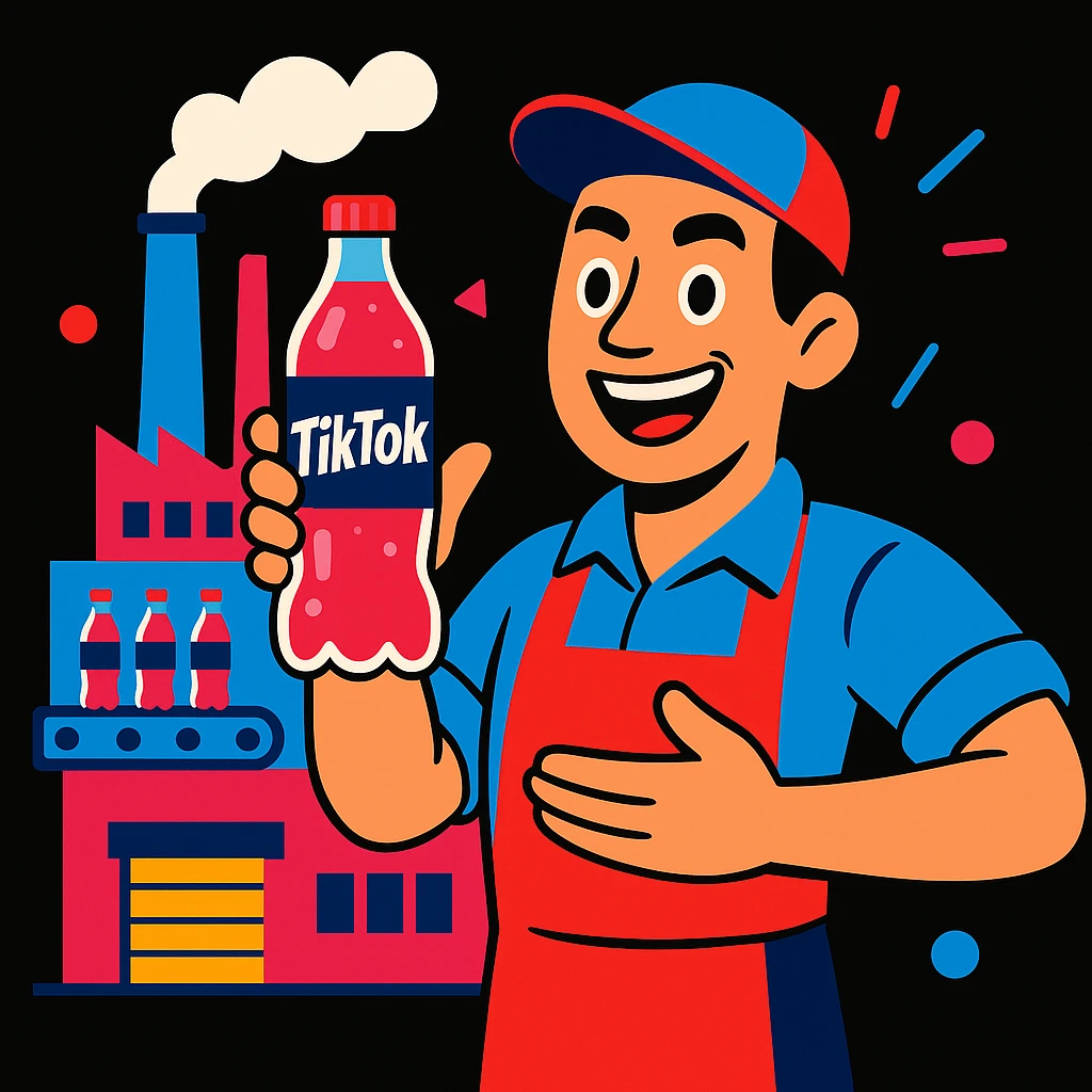 vibrant cartoon style illustration of a man standing proudly in front of his modern soft drink factory, holding a bottle of his signature drink and introducing it, TikTok-inspired, black background, bold colors, energetic and welcoming emoji