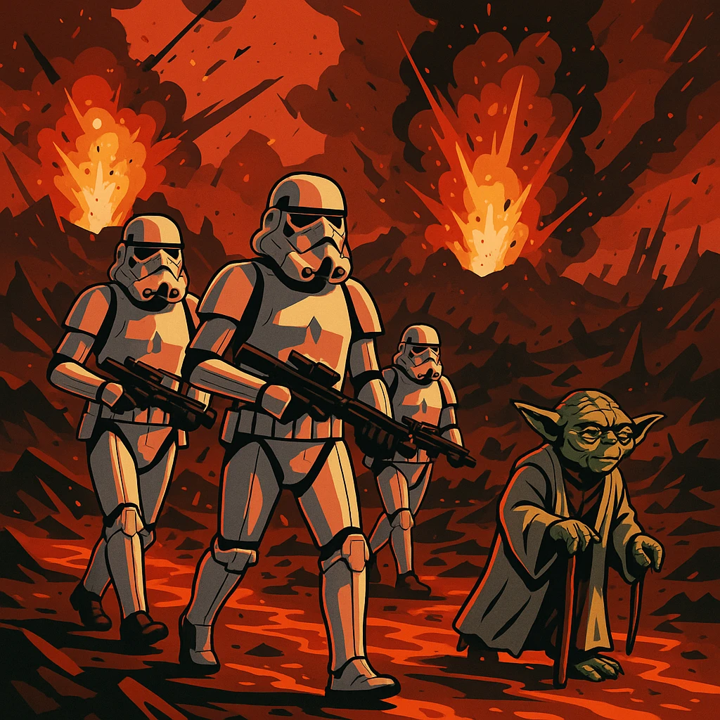 vector art of a Starwars stormtroopers is walking on lava planet with yoda, battleground background 
 emoji