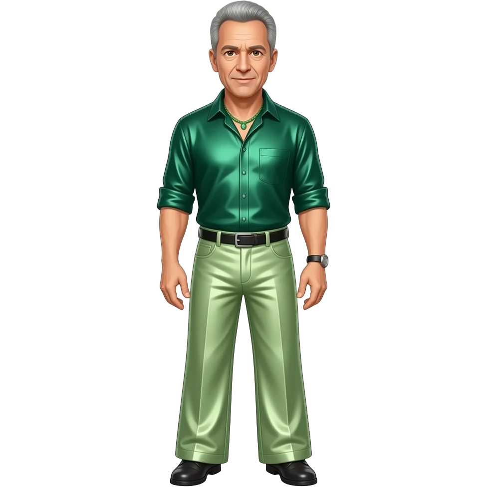 Jeff Goldblum with brown eyes, silver hair, dark green metallic shirt, light green metallic wide leg pants, green necklace emoji