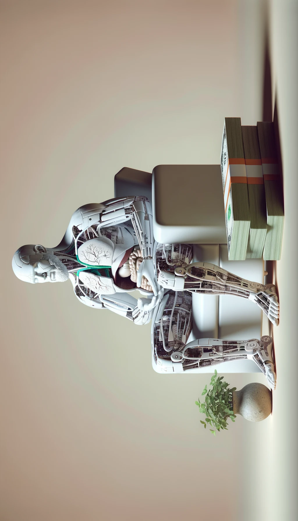 corpo umano anatomico seduto dal medico con una montagna di banconote ai piedi, con sfondo chiaro neutro, iperrealistico 4k emoji