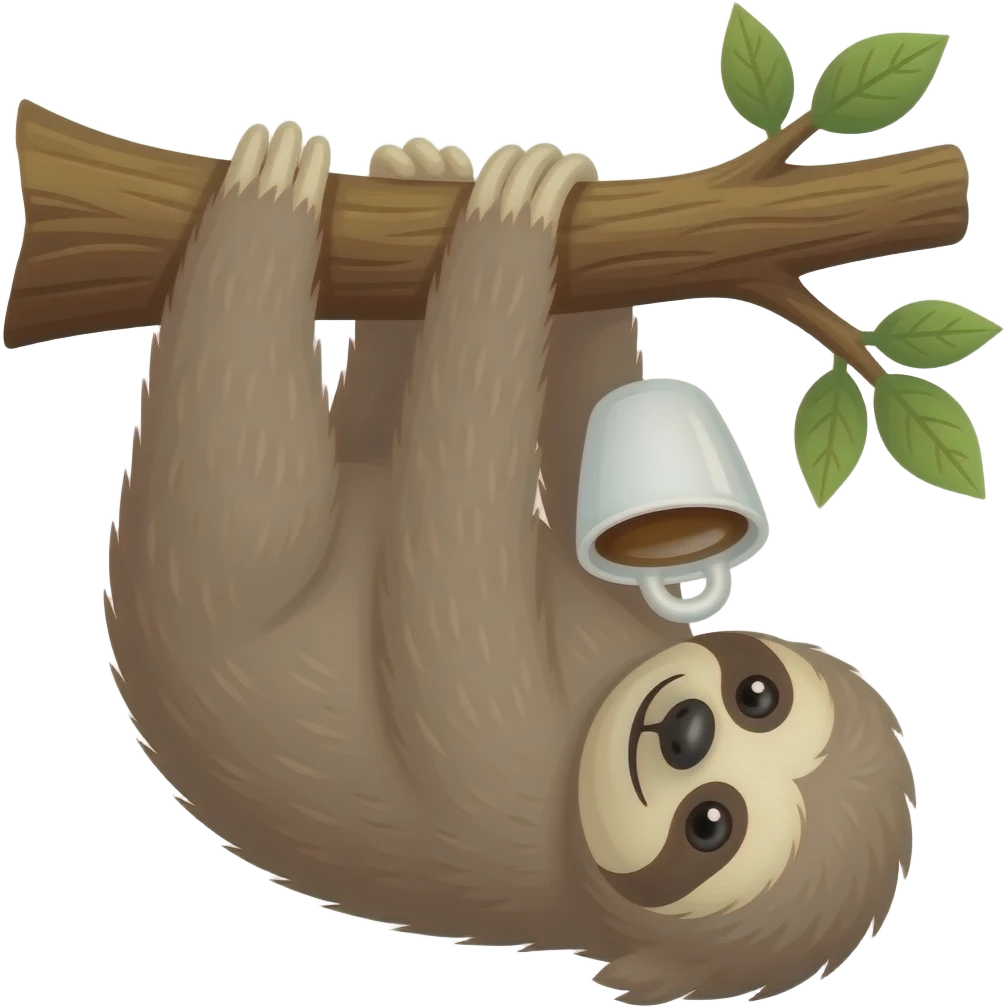 sloth drink coffee on the tree upside down hanging from a tree emoji