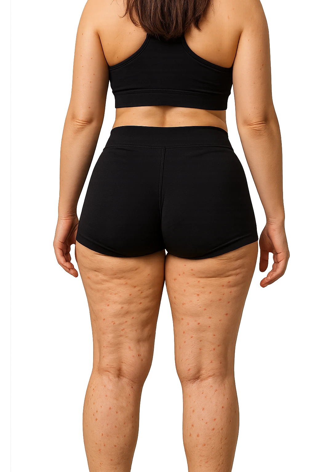 donna di schiena in gym shorts con cellulite e red spot sparsi sulle gambe emoji