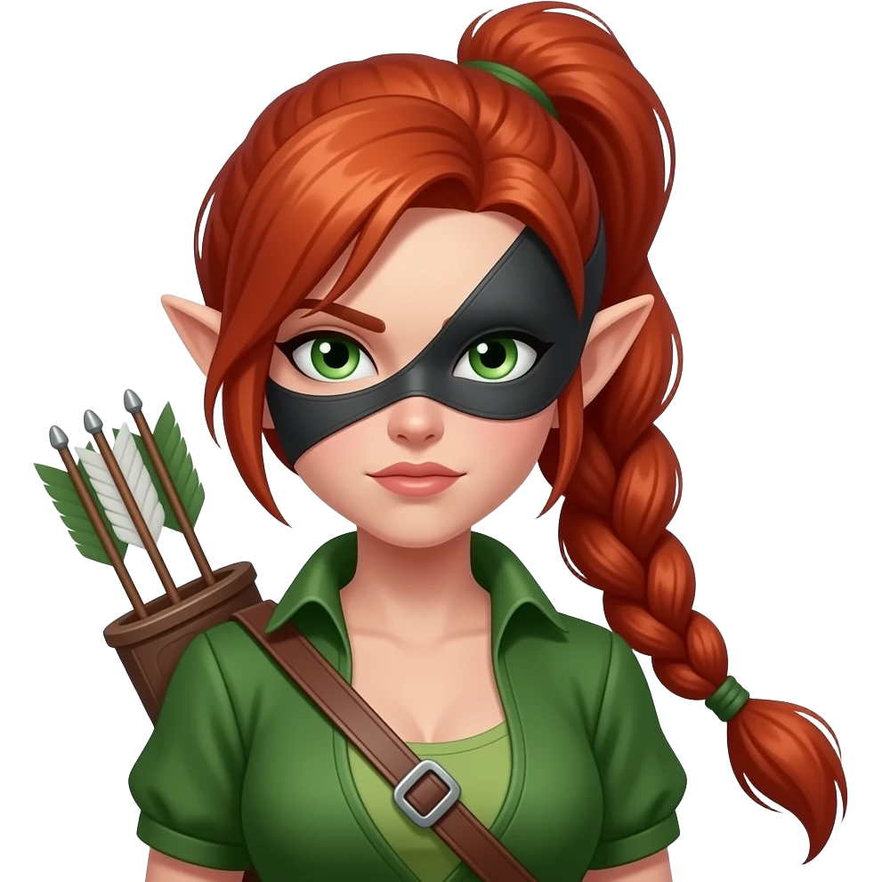 femme rousse aux yeux verts, tresse haute jusque dans le dos, ressemble à une elfe, archère avec un carquois, voleuse avec un masque sombre qui cache ses yeux, tenue verte, air déterminé emoji