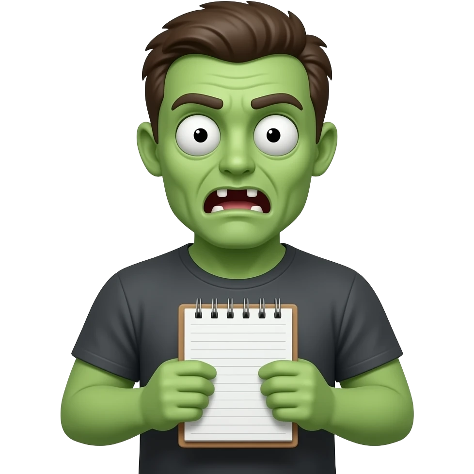 zombie green man in T shirt  holding Notepaper in two hands and showing emoji