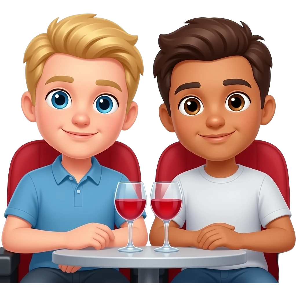 Make a young gay couple on a Date , one has light Skin with Blond Hair and Blue Eyes, the other one has slightly brown skin witz dark Brown Hair and Brown Eyes. They have a romantic date in a cinema. emoji