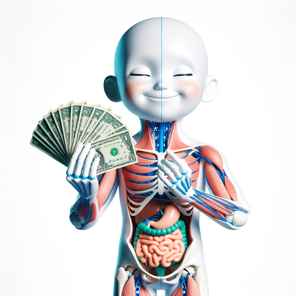 corpo umano anatomico sereno e felice con una buona opportunità per le mani insieme a banconote, iperrealistica 4k, isolato su sfondo bianco emoji