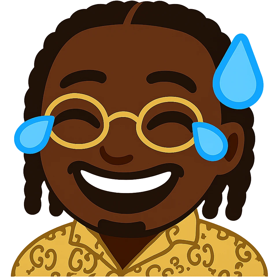 Transform this portrait into a joyful emoji style with a laughing expression and tears of joy. Keep the same clothes, glasses, and details as the provided emoji. The skin tone should be black. Transparent background. emoji