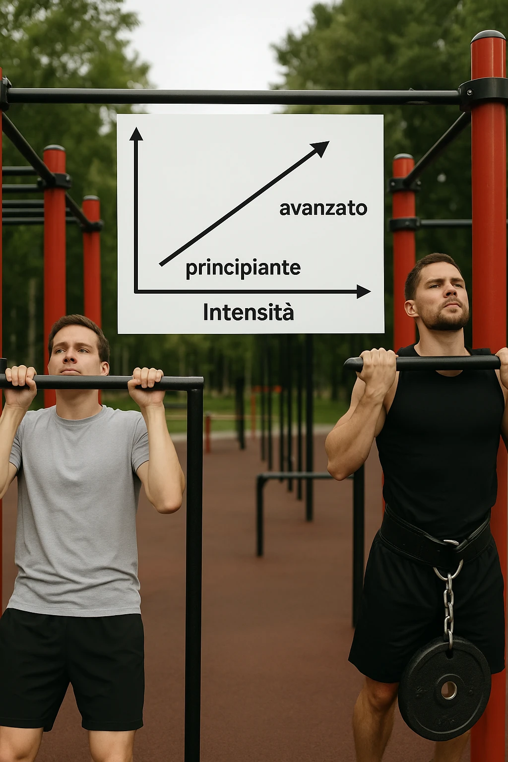 Due atleti fianco a fianco in un parco attrezzato: a sinistra il neofita che fa 10 trazioni leggere con concentrazione, a destra l’atleta avanzato con cintura zavorrata che fa 3 ripetizioni lente e pesanti. Tra loro, grafico sospeso in aria che mostra: 'Volume → neofita | Intensità → avanzato'. Stile realistico con elementi educativi visivi in italiano emoji
