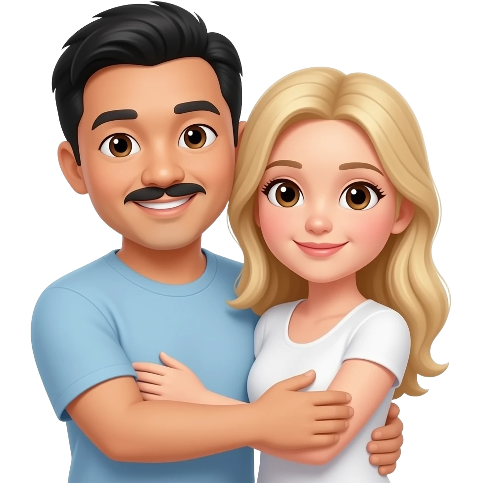 asian men with a small moustach goatee and white woman with blond hair brown eye hug emoji