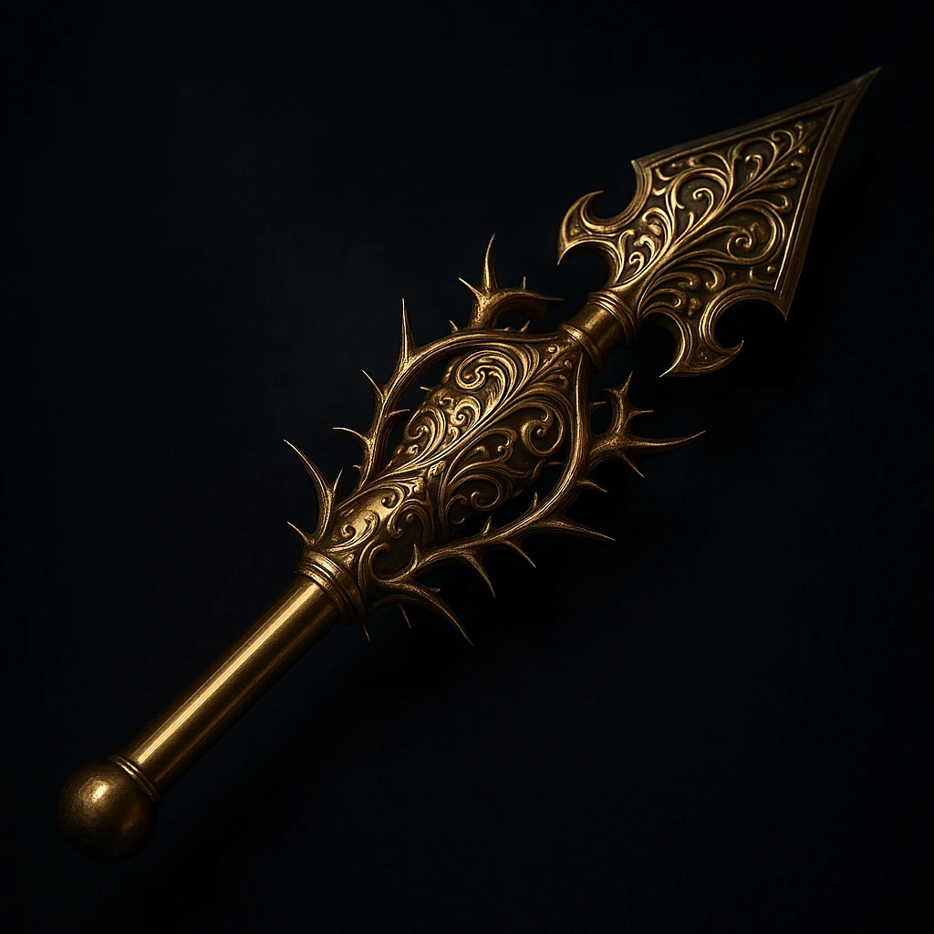 A fantasy arrow with a sleek gold shaft, rounded blunt tip, elaborate gold filigree, and sharp thorns encircling it. Metallic sheen, dark background, cinematic, highly detailed. emoji
