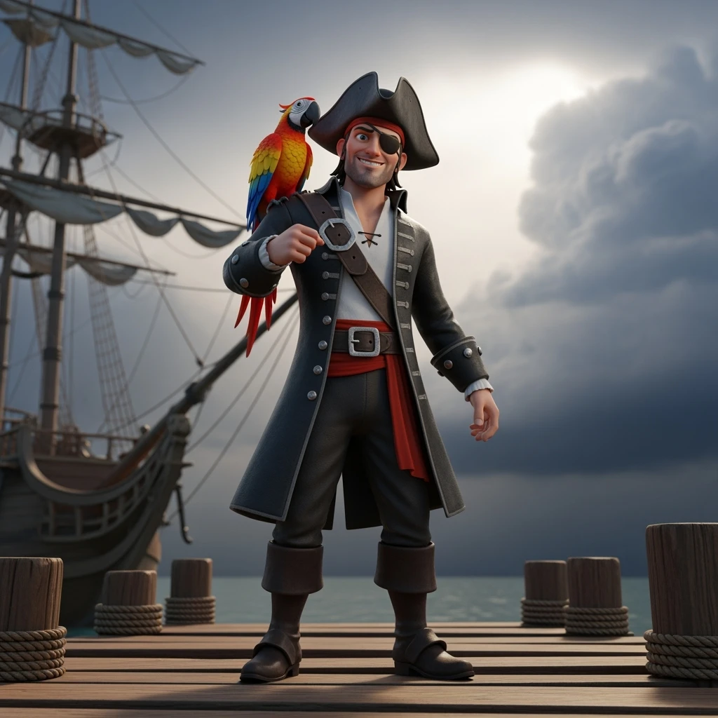 3d art of a pirate with eye patch and parrot in emoji
