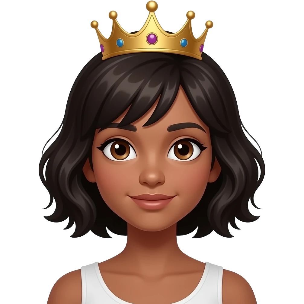 Chica pelinegra con pelo ondulado y corto, ojos marrones, piel morena con corona emoji