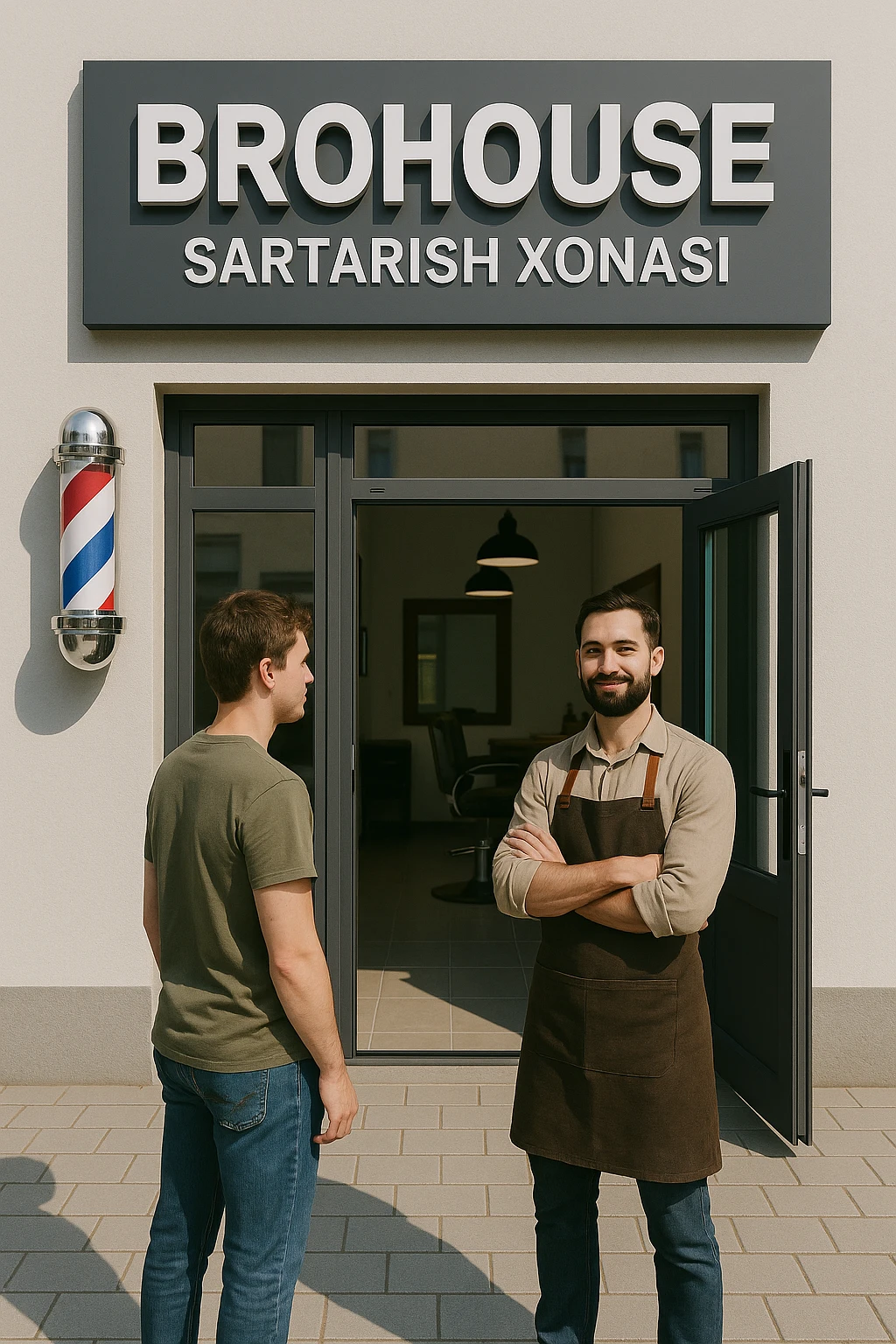 eni shu rasimga boyagi sartaosh oka eshik oldida tursin va tashqarida esa mijoz emoji