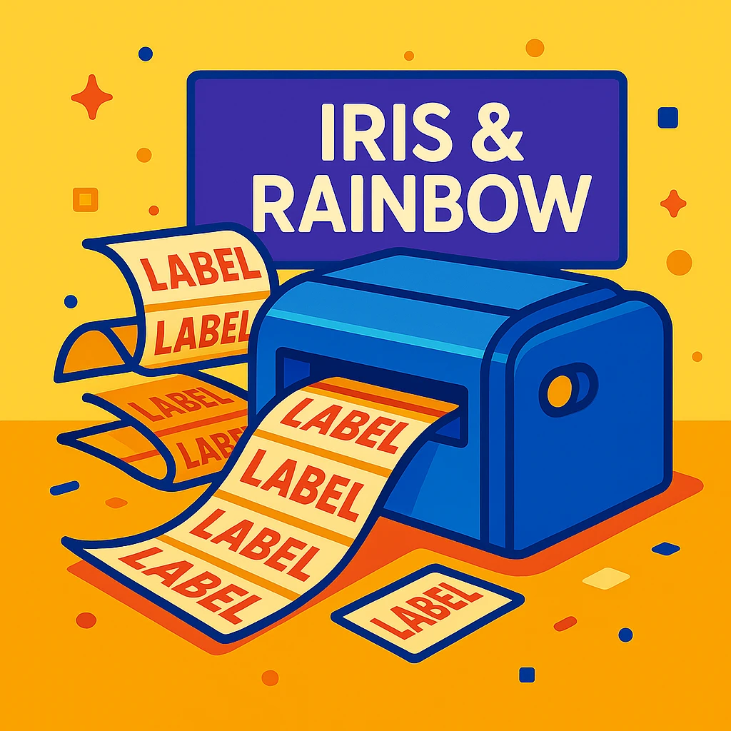 Change the background color behind the 'Iris & Rainbow' logo to purple. Do not add a rainbow to the logo. Keep the rest of the scene the same: a printer printing many labels, vibrant and clear. emoji