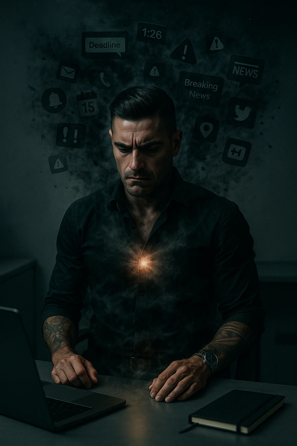 A highly realistic, cinematic image of a young man in his early 30s, sitting at a modern office desk under harsh artificial lighting, shoulders hunched, jaw clenched, and breathing shallowly, symbolizing how modern society forces people to live in a state of chronic tension and restricted breathing. Around him, faint black and grey visual elements represent notifications, deadlines, social media icons, and news alerts, swirling around his head like a chaotic storm, symbolizing societal pressure. His chest appears visually tight and compressed, and faint dark smoke emanates from his body, representing blocked breath and internalized stress. In contrast, a faint glowing light near his chest and abdomen tries to expand, symbolizing the innate desire of the body to breathe freely and deeply. The environment is cold and minimalistic, with a sense of stillness and tension, captured in a hyperrealistic 35mm film style with muted colors, focusing on the man's tense posture and restricted breathing to reflect the unseen burden of modern living. in italiano emoji
