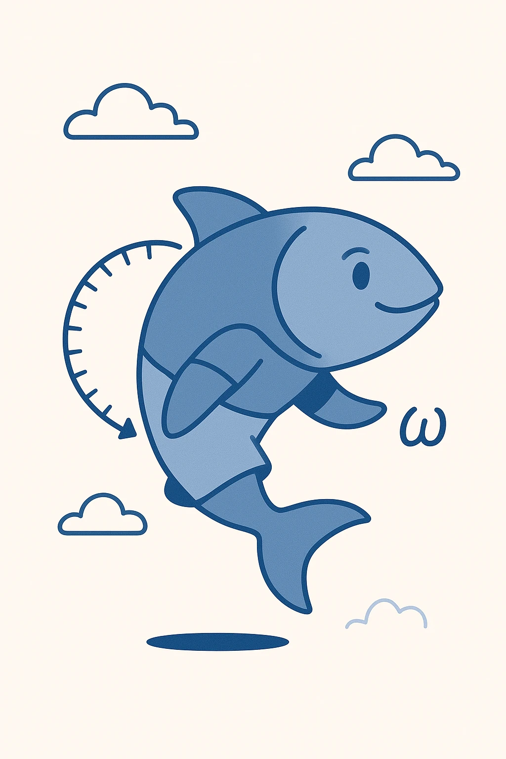 Cartoon fish with a protractor or angle arc drawn around its body, omega (ω) symbol nearby, showing concept of angular velocity, fish in motion with clear axis of rotation emoji