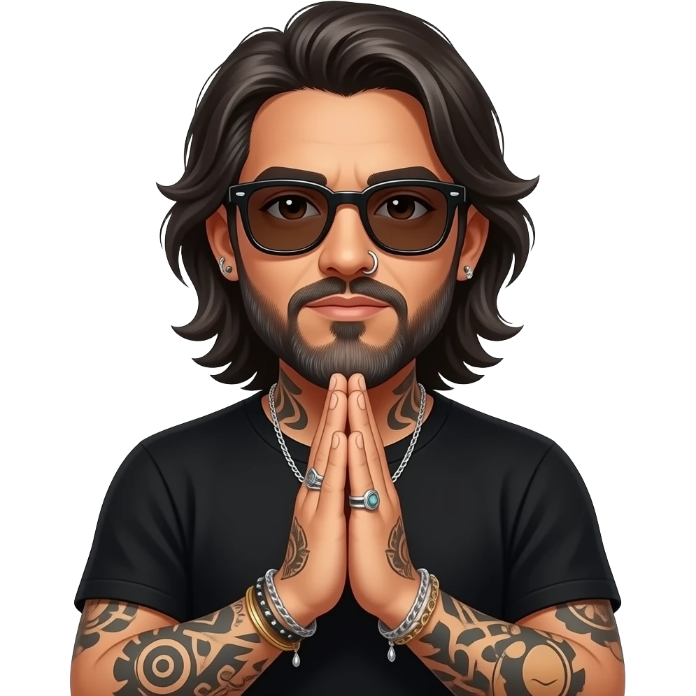 The handsome manly Latino podcast host with medium length hair, a long slightly graying beard and tattoos with his ears pierced 1 time each ear and a nose ring on the right side, dark brown eyes, wearing black, dark sunglasses, and jewelry, praying emoji