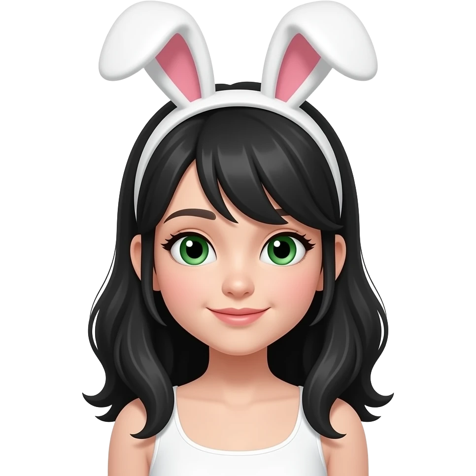 Make a hairband bunny ears on a girl with grean eyes, black hairs emoji
