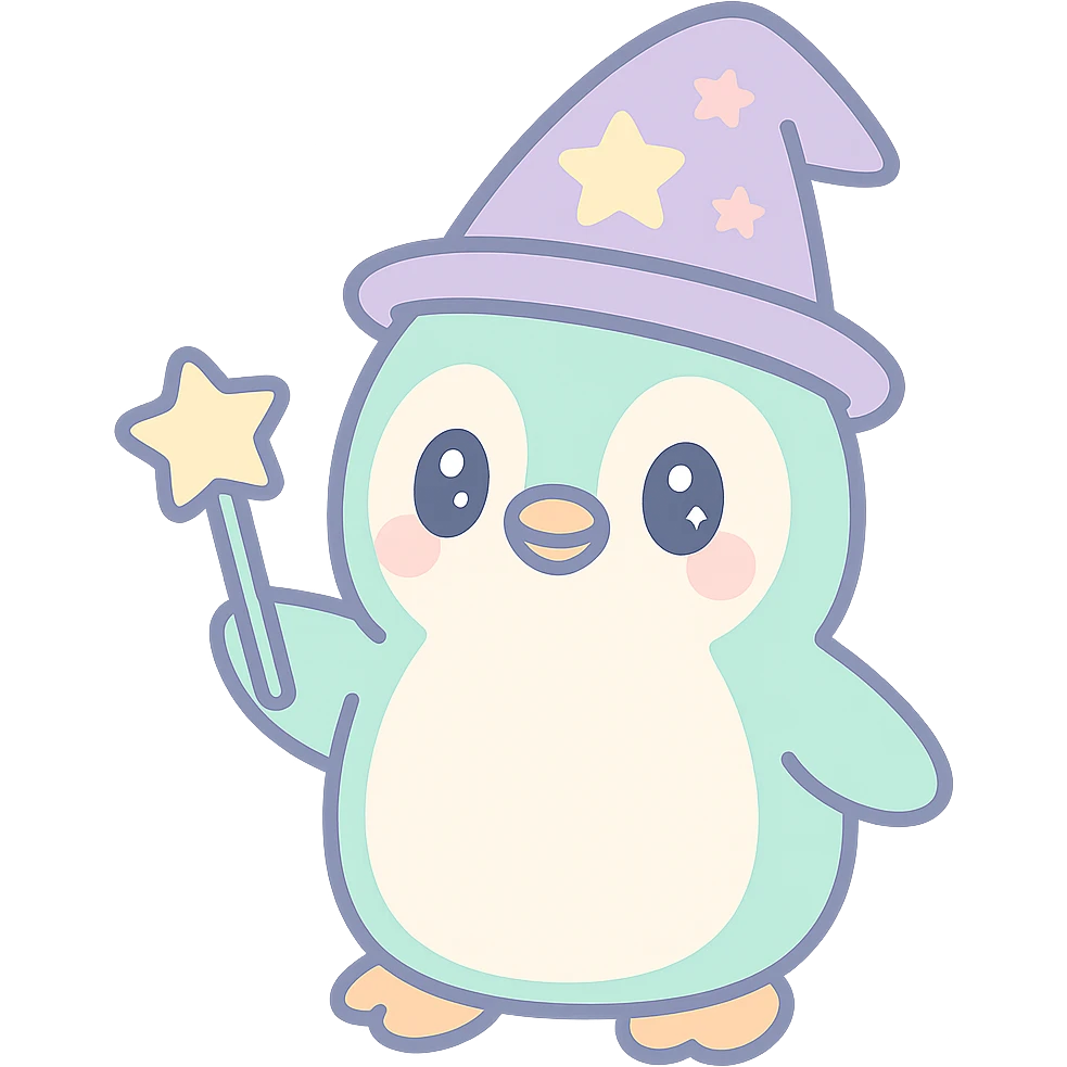 {
  "style_description": {
    "overall_look": "Cute, minimal, and soft with a friendly and playful tone",
    "material_simulation": {
      "primary_material": "flat digital color",
      "texture_detail": "smooth surfaces with no texture or shading",
      "pattern": "none or very simple decorative accents (e.g., hearts, stars)"
    },
    "geometry": {
      "edge_style": "rounded, soft curves with no sharp angles",
      "dimensionality": "flat two-dimensional appearance with simple shapes"
    },
    "color_palette": {
      "scheme": "pastel and light tones",
      "preferred_colors": ["pink", "mint", "lavender", "baby blue", "peach"],
      "contrast": "low contrast with bright accents"
    },
    "facial_features": {
      "eyes": "large, sparkly, often oval or circular",
      "mouth": "small, often a simple curve or dot",
      "expression": "joyful, innocent, or calm"
    },
    "lighting": {
      "type": "none or implied with soft highlights",
      "purpose": "maintain a clean and cheerful look"
    },
    "render_constraints": {
      "avoid": ["realistic shading", "high detail", "dark themes", "texture noise"],
      "focus_on": ["cute expression", "iconic simplicity", "emotional warmth"]
    },
    "background": {
      "color": "white or soft pastel",
      "style": "plain or patterned with simple icons (e.g., polka dots, stars)",
      "lighting_consistency": "no shadows, evenly lit feel"
    }
  }
}

{subject} = penguin wizard emoji