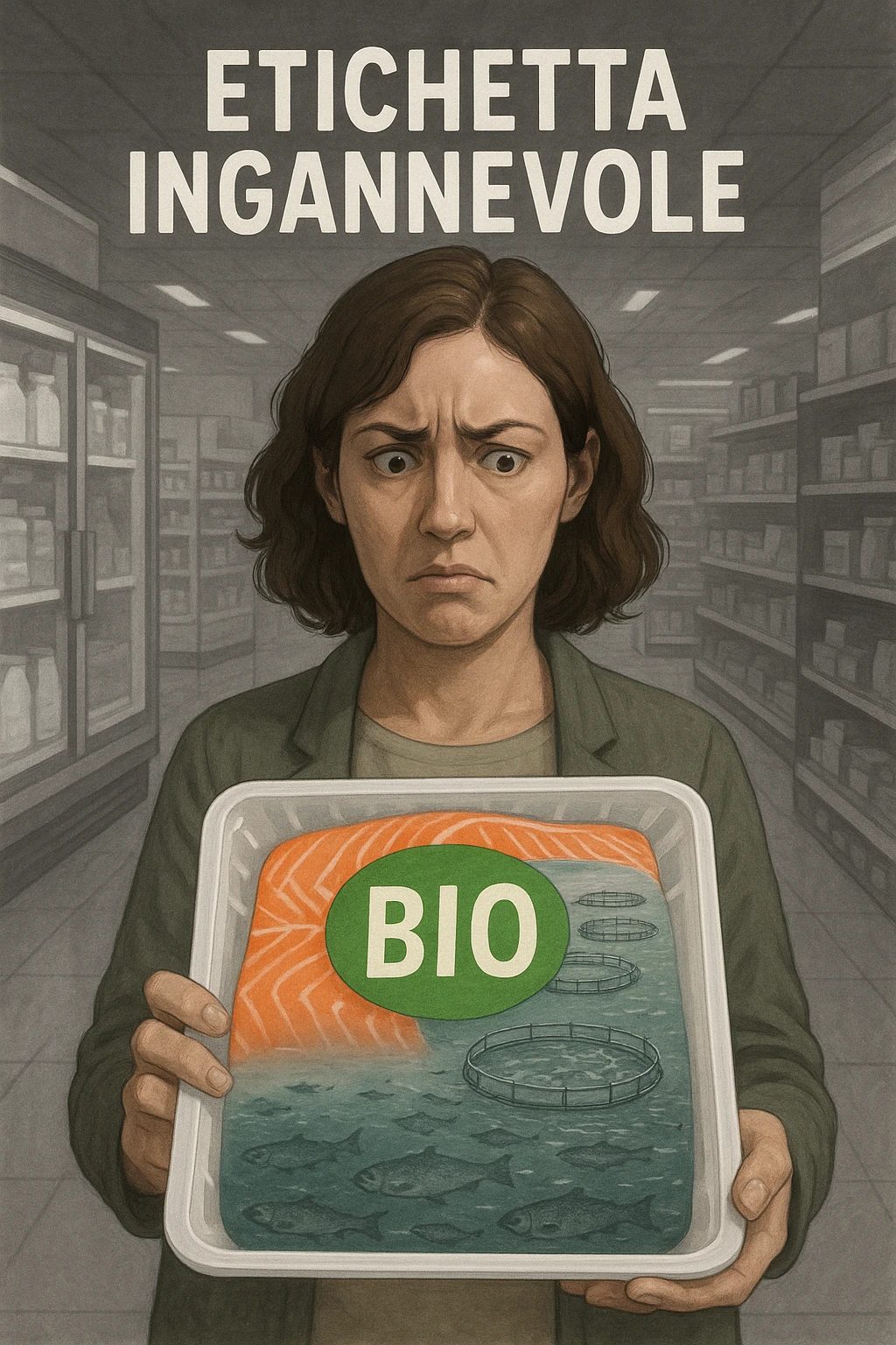 Scena in un supermercato moderno: uomo o donna tiene in mano una confezione di salmone etichettata 'BIO', con un grande bollino verde. Ma in trasparenza, dietro l’etichetta, si intravede un allevamento intensivo di salmoni in gabbie marine, acqua torbida e pesci ammassati. Espressione del cliente confusa e sospettosa. Sopra la testa, testo simbolico fluttuante: 'Etichetta ingannevole'. Colori contrastanti: confezione brillante ma realtà di fondo grigia e artificiale. Stile realistico con elementi simbolici forti realistico emoji